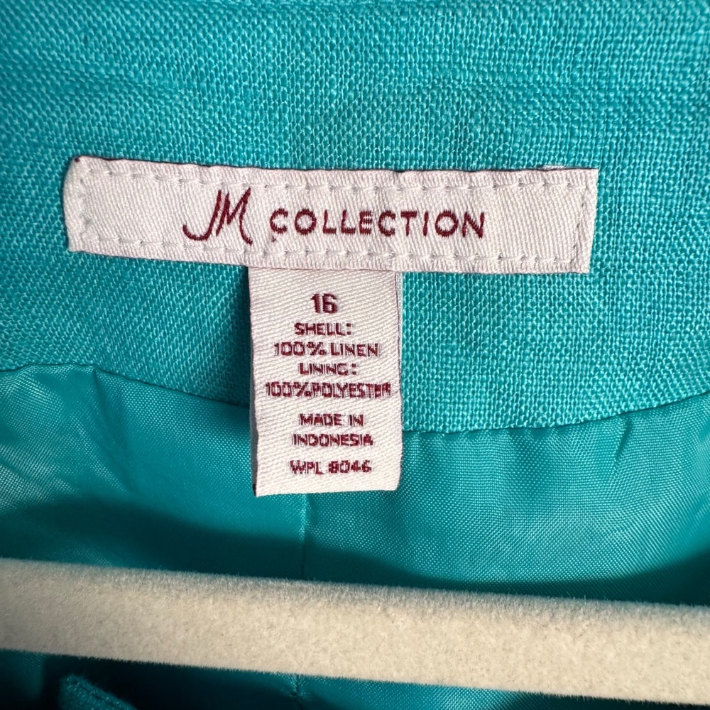 JM Collection Teal Tropical Leaf Print Linen Jacket Beaded Neckline Size 16 - Picture 6 of 7